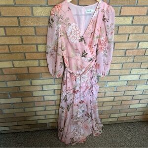 NWT Eliza J Women's Long Sleeve Surplice Floral Foil Print Chiffon Dress Size 10